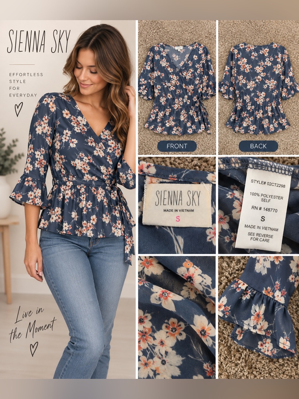 Sienna Sky Navy Floral Wrap Peplum Blouse with Tie Waist